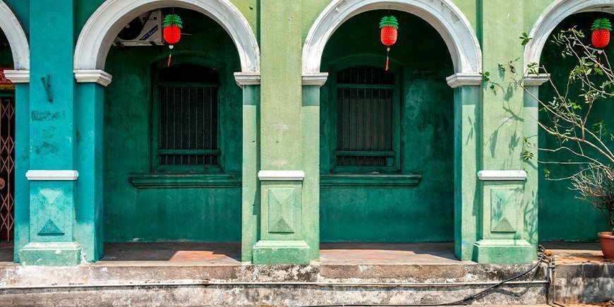 Kinesisk-portugisiskt hus i George Town, Penang, Malaysia