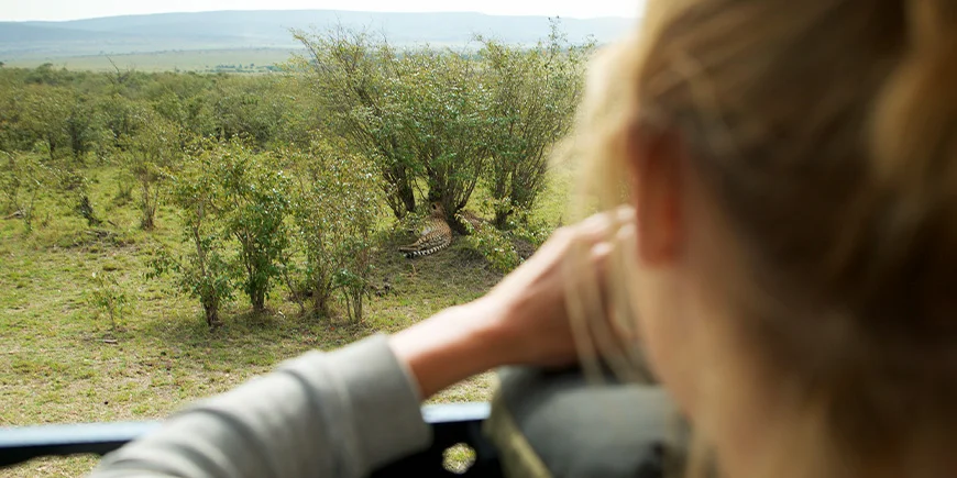 Kvinna som fotograferar en gepard i Masai Mara.