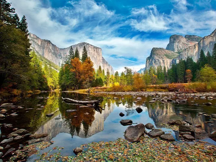 El Capitan och Merced River i Yosemite National Park täckta av höstfärger