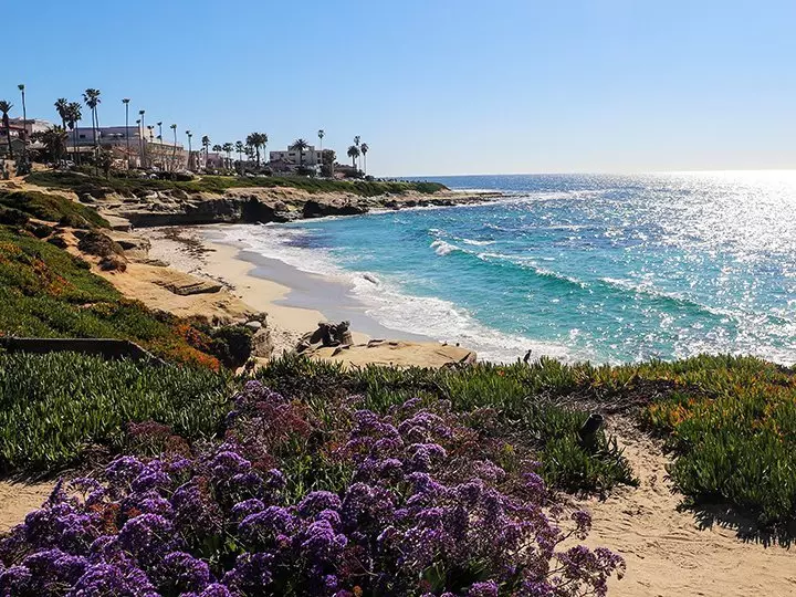 Solsken över stranden i San Diego
